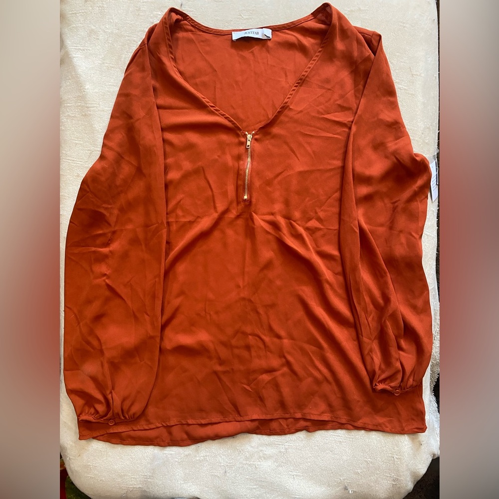 JustFab Orange Long Sleeve Blouse with Gold Zipper Detail - New